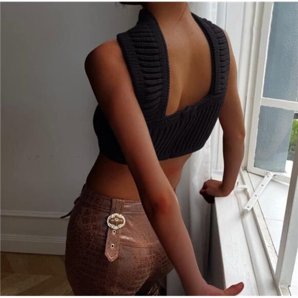 Women's Strapless Ribbed Knitted Crop Top – Halter Tube Bandeau Bustier - Picture 3 of 7